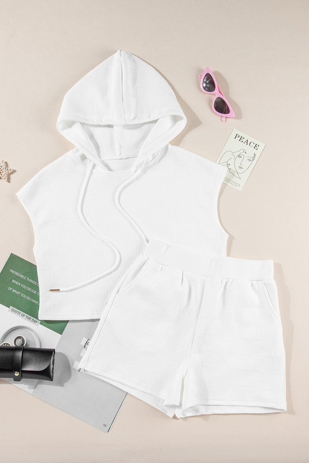 2 Piece Textured Cropped Sleeve Hoodie and Shorts Set | 3 Colour Options