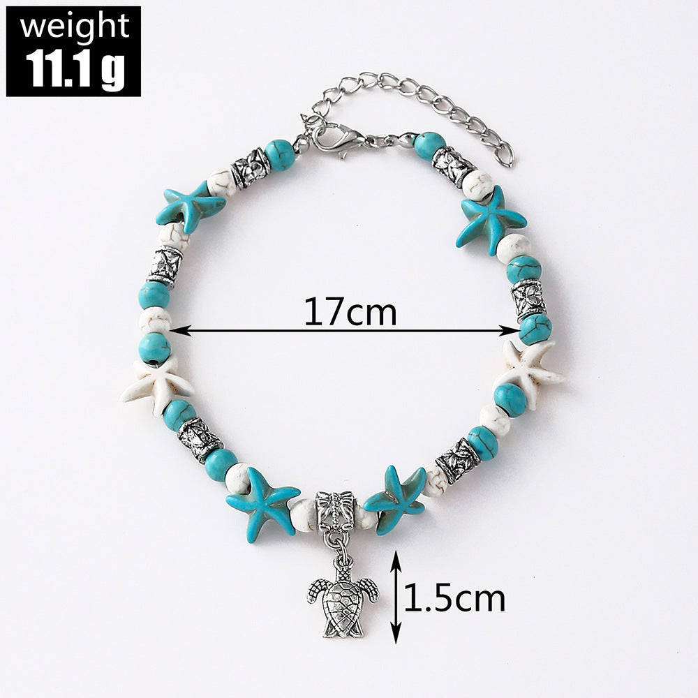 Turquoise Starfish Anklet with Turtle Charm