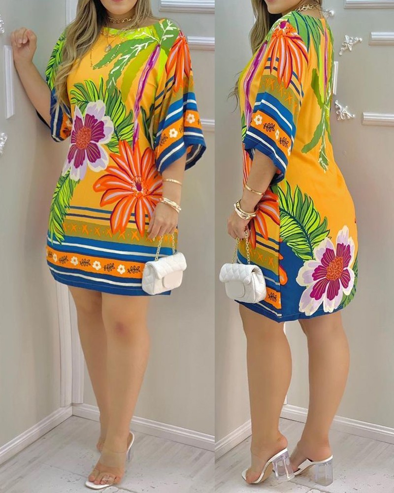 High Neckline Tropical Print Half-Sleeved Casual Beach Dress