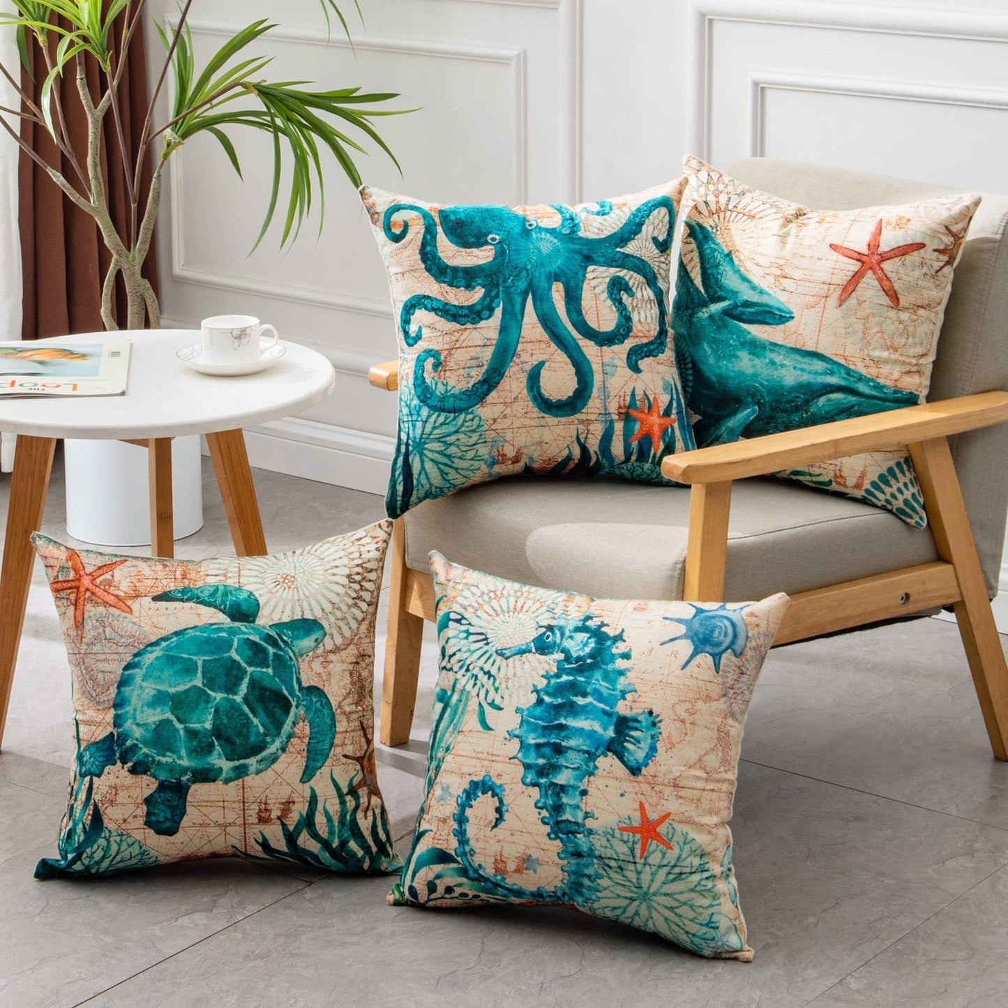 Ocean Theme Linen Cushion Covers Sea Turtles, Octopuses and More 45x45