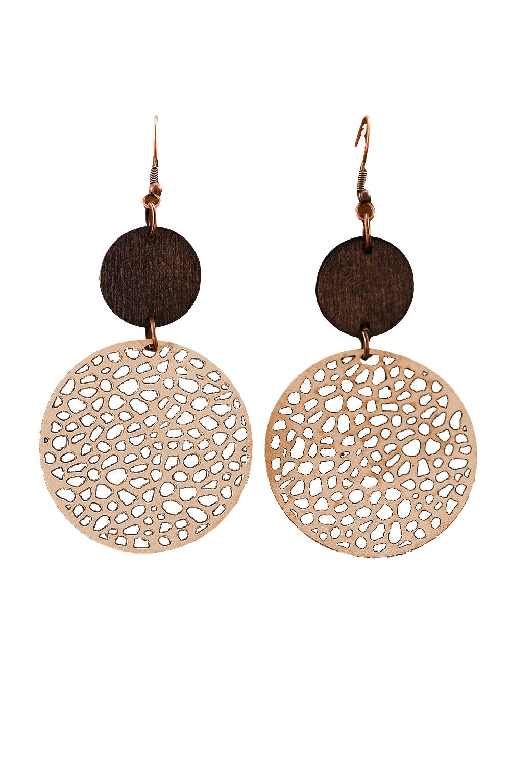 Beige Hollow Out Wooden Round Drop Earrings