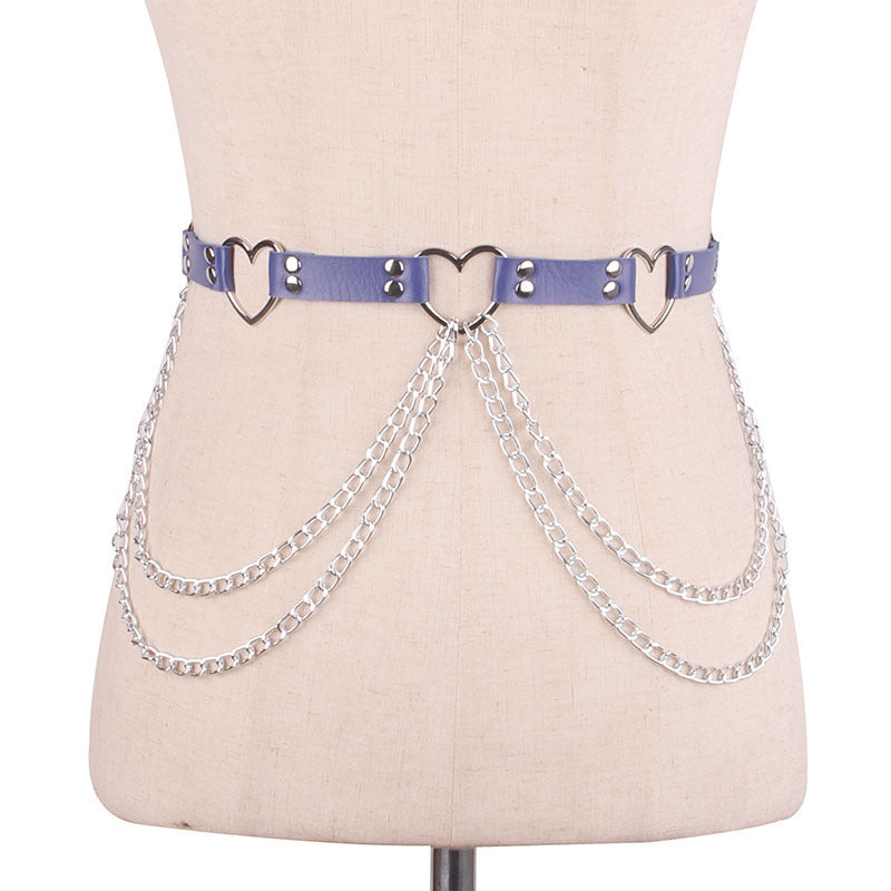 Punk Leather Belt With Heart-shaped Metal Trim and Chains | 8 Colour Options