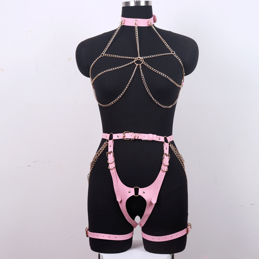 2 Piece Full Body Leather Bondage Harness with Chains | Black or Pink