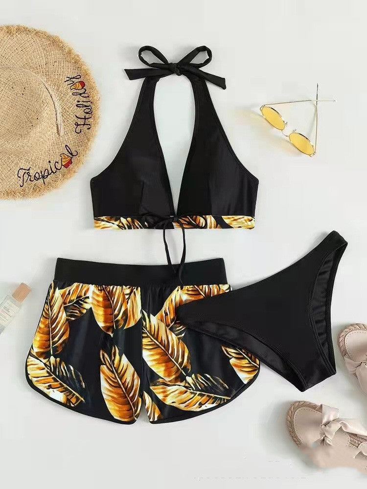 3 Piece Leaf Print Bikini With Beach Shorts Tropical Beach Swimsuit Set