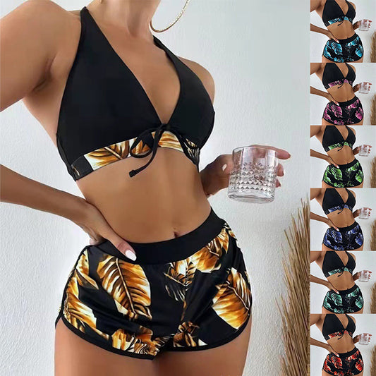 3 Piece Leaf Print Bikini With Beach Shorts Tropical Beach Swimsuit Set