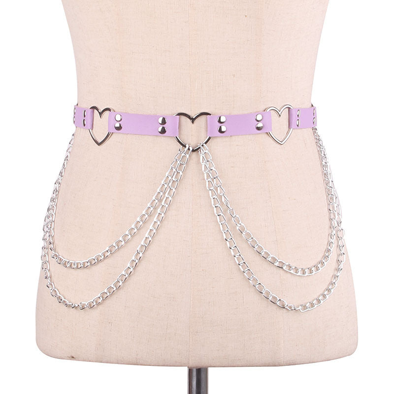 Punk Leather Belt With Heart-shaped Metal Trim and Chains | 8 Colour Options