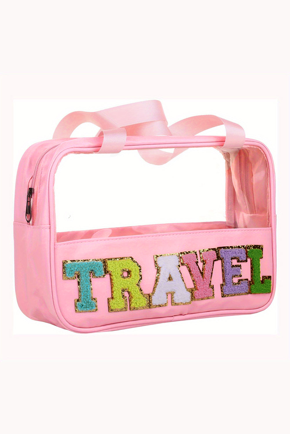 Pastel Coloured Clear Window Travel Friendly Chenille Letter Makeup Bag