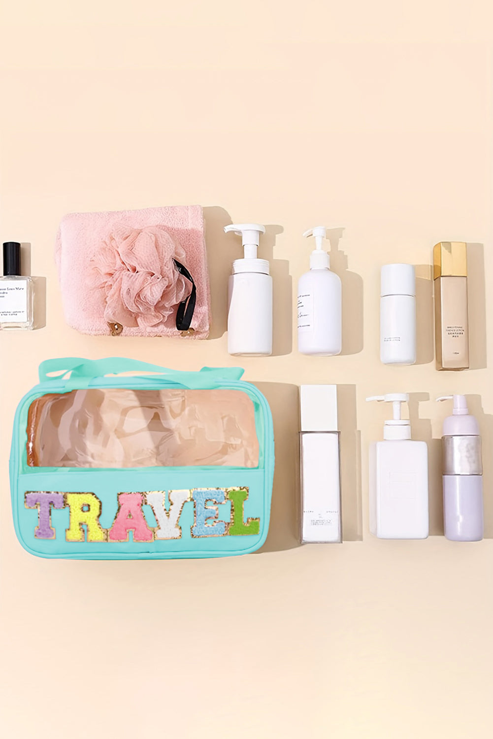 Pastel Coloured Clear Window Travel Friendly Chenille Letter Makeup Bag