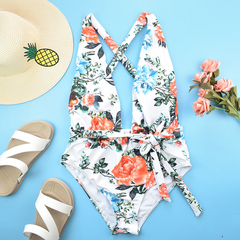 Tropical Floral Print One-Piece Swimsuit With Plunging V-Neckline