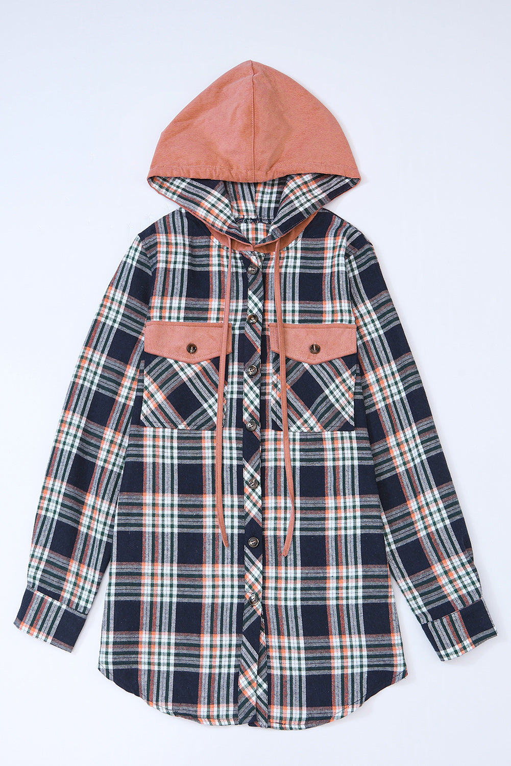 Cotton Blend Pink Contrast Hooded Drawstring Plaid Shacket