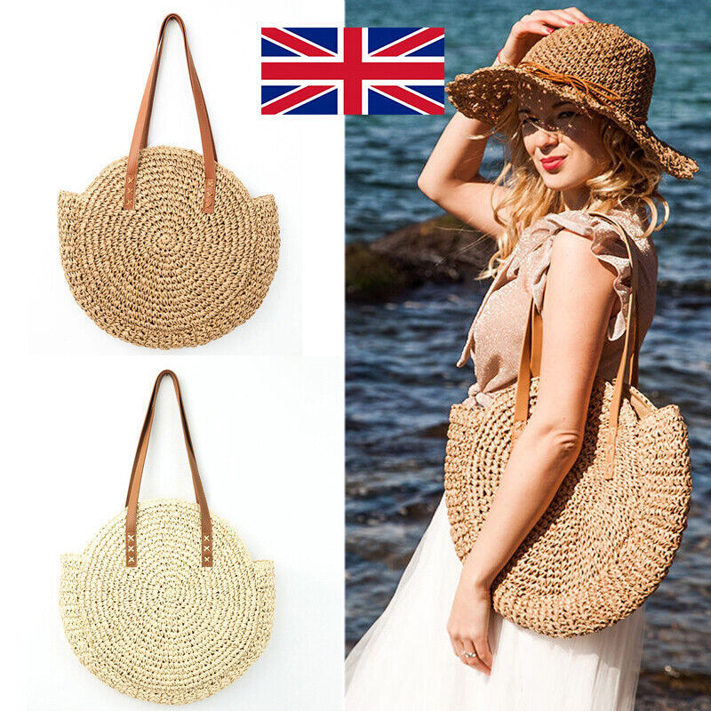 Boho Woven Round Rattan Shoulder Beach Tote