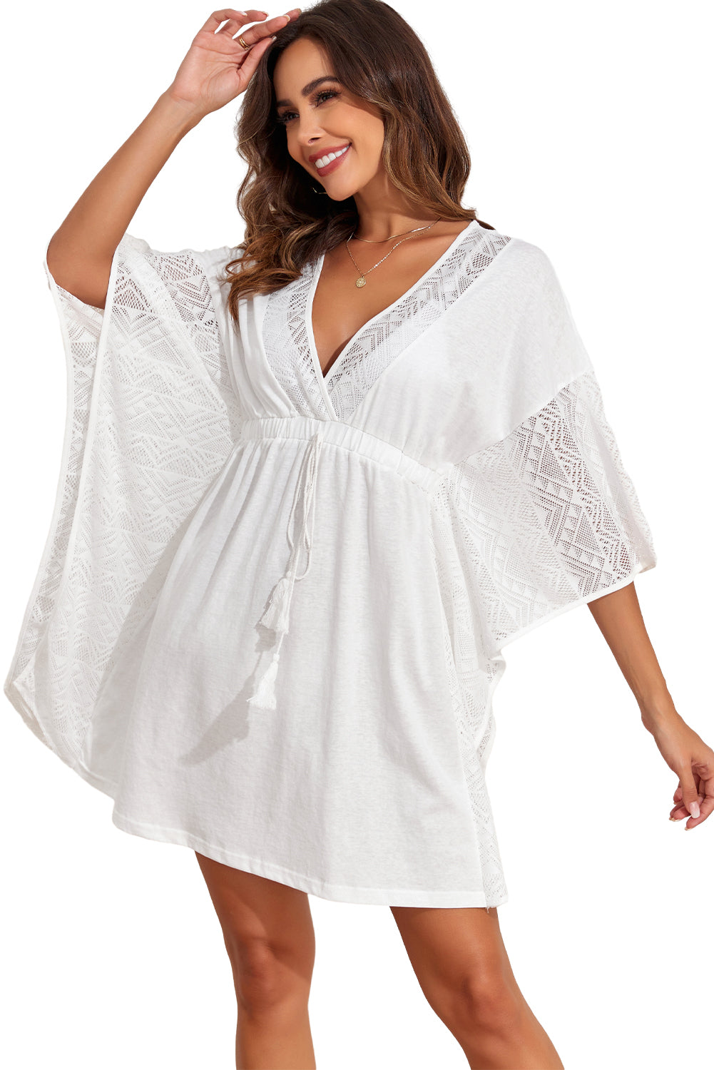 Cotton Blend White Lace Kimono Sleeve Tassel Drawstring Beach Cover Up Dress