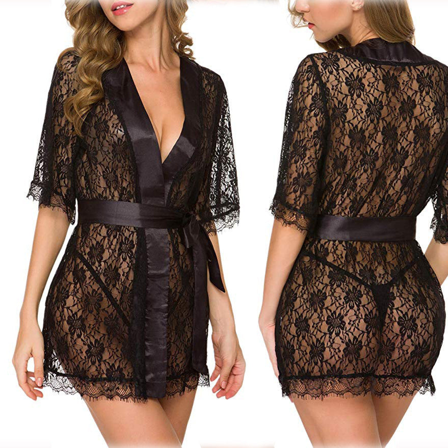 Womens Lace Robe Pajamas with Satin Tie | 4 Colour Options