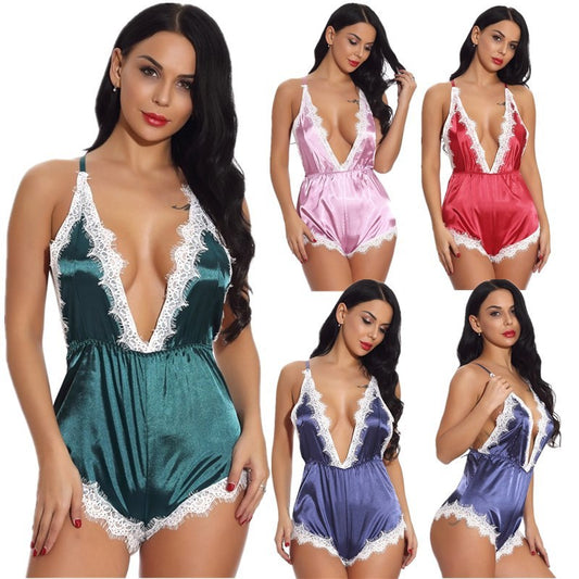 Sexy Satin Lace Edged One-Piece Bodysuit Pajamas