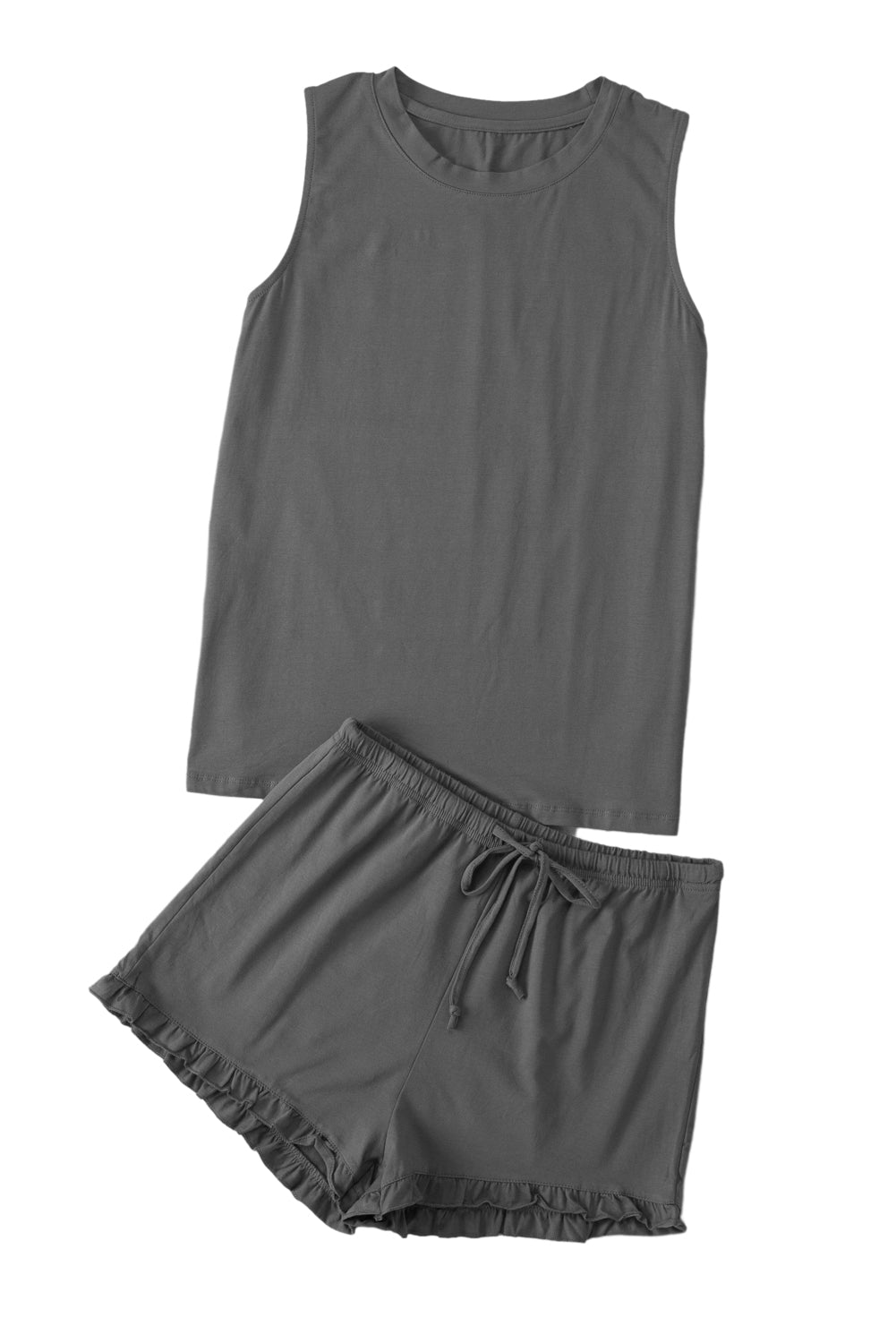 Dark Gray Crew Neck Tank and Drawstring Ruffled Shorts Lounge Set 100% Cotton