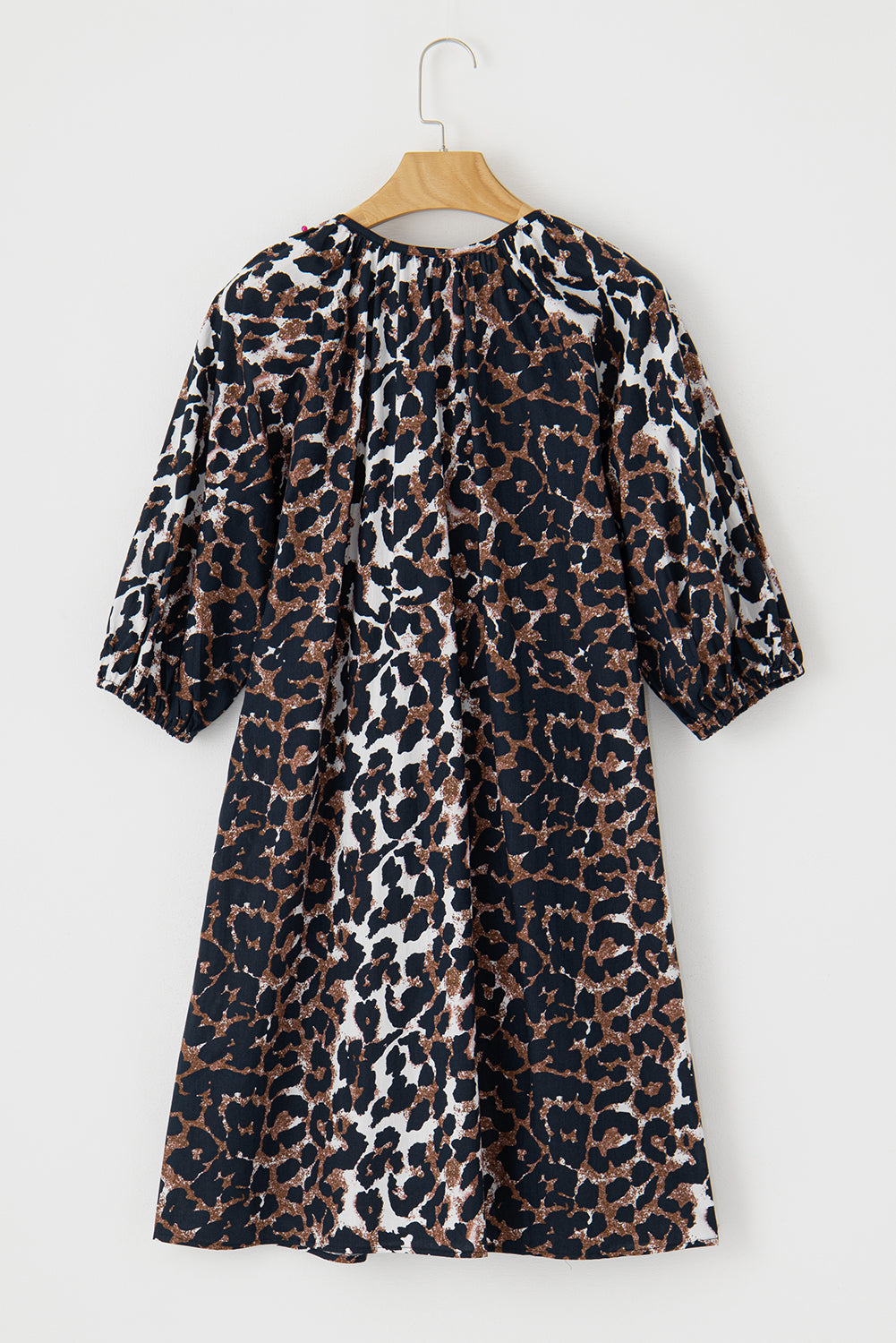 Black Leopard Puff Sleeve Buttons Front Shirt Dress 100% Cotton