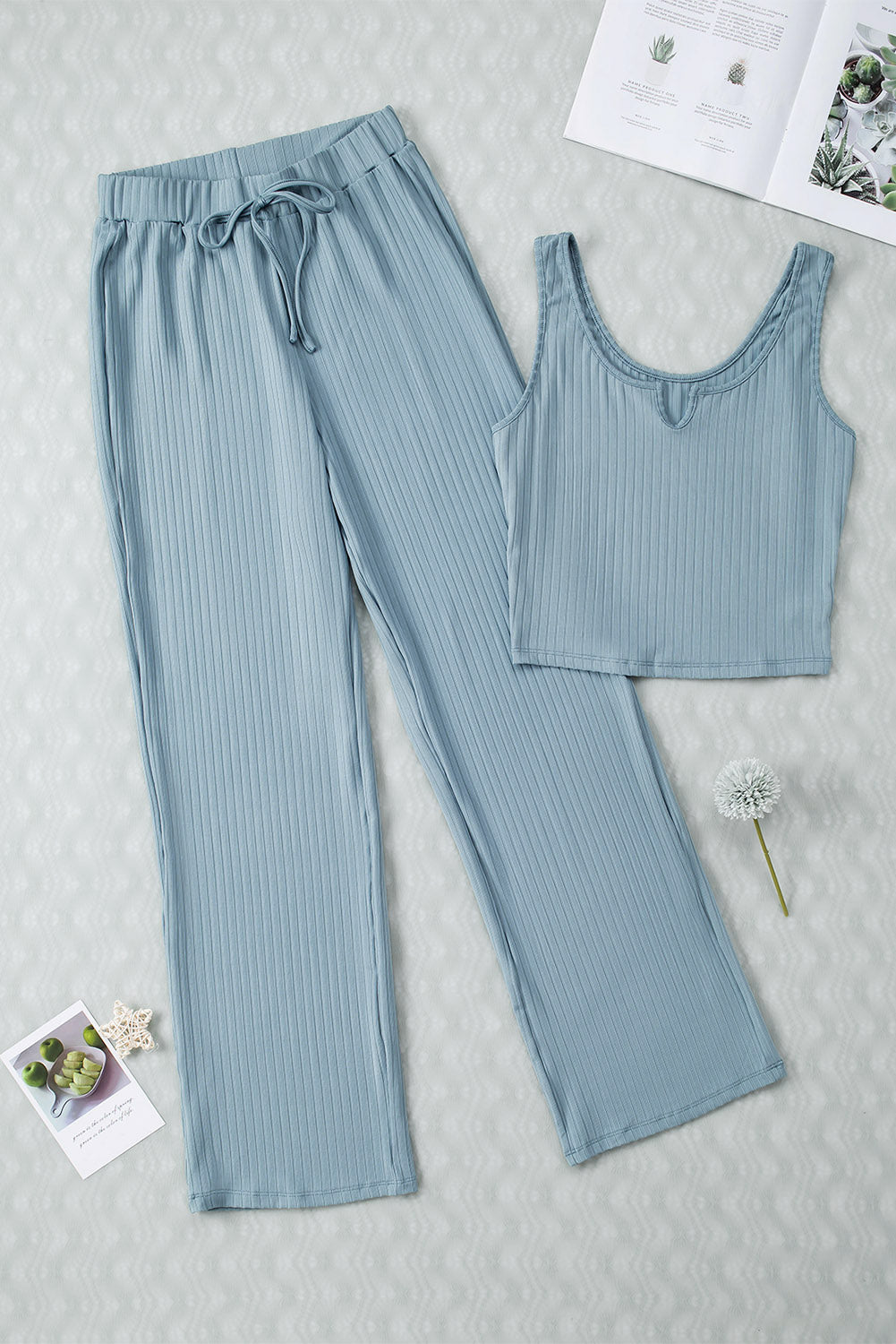 Blue Ribbed Crop Tank Drawstring Lounge Pants Set