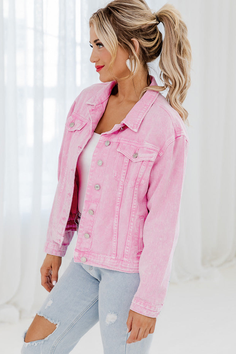 100% Cotton Pink Acid Wash Button Flap Pocket Denim Jacket