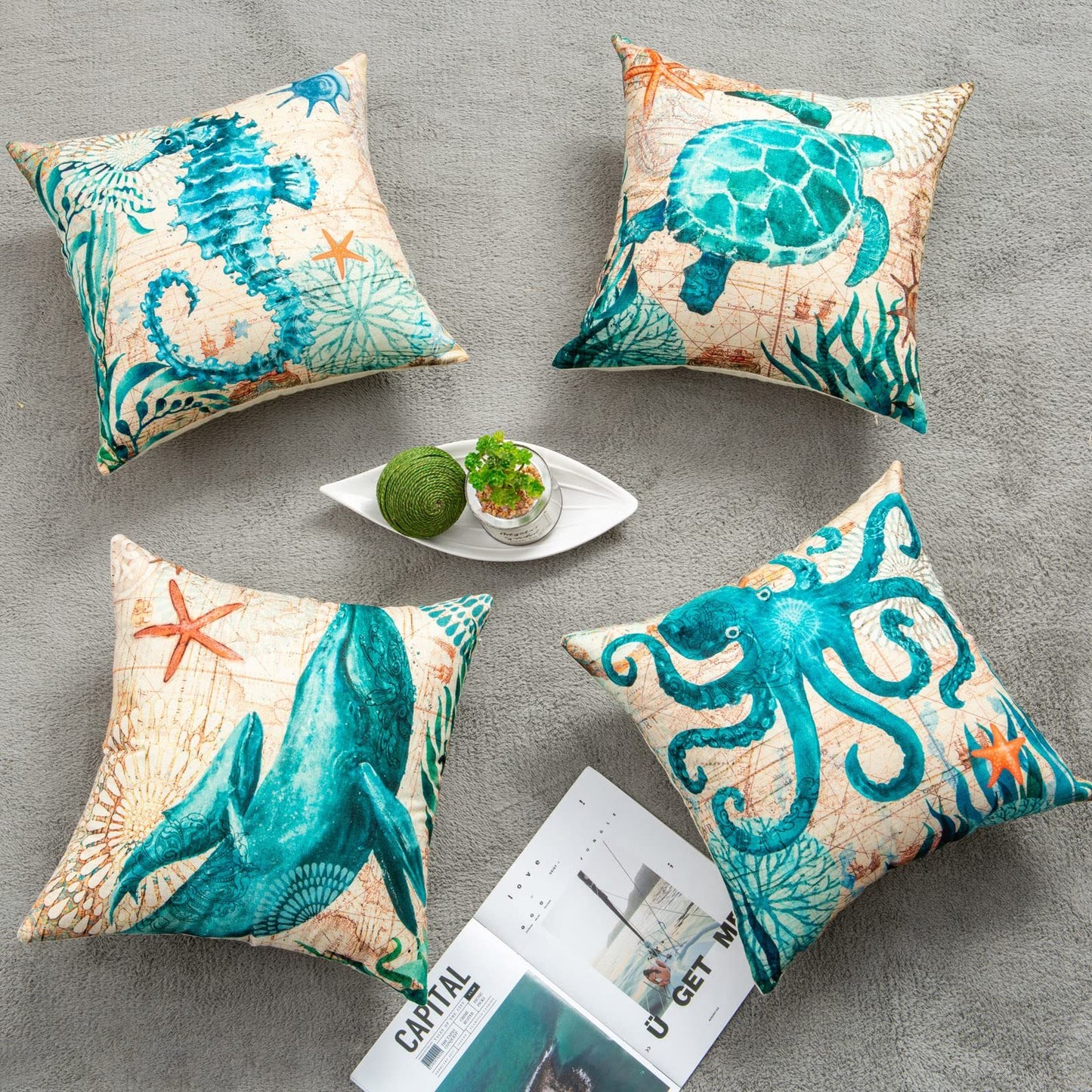 Ocean Theme Linen Cushion Covers Sea Turtles, Octopuses and More 45x45