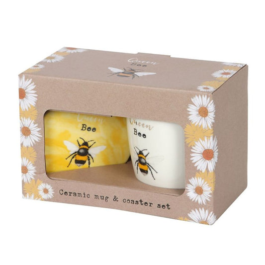 Ceramic Bee Mug and Coaster Gift Set - Queen Bee