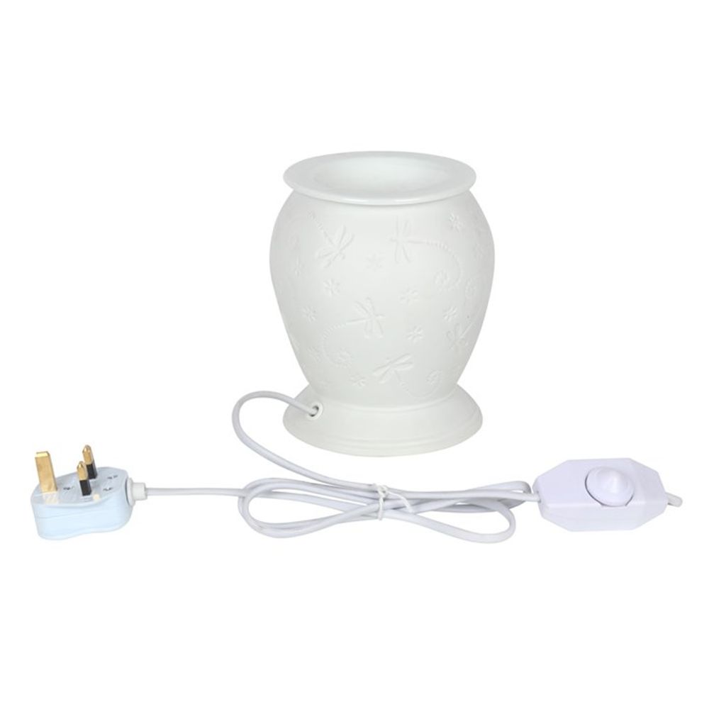 Ceramic Electric Essential Oil Burner - White Glaze with Dragonfly Motif