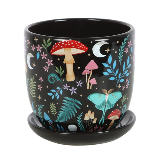 Ceramic Plant Pot with Saucer - Night Forrest Scene