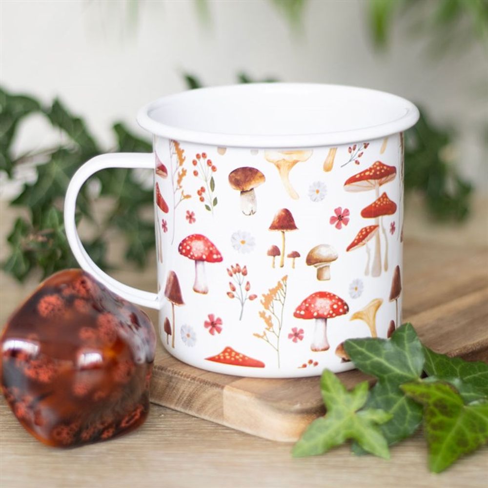 Mushroom Print Enamel Mug Featuring Hand-Drawn Illustrations