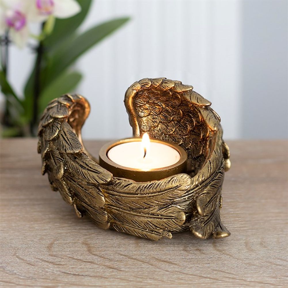 Angel Wing Tealight Candle Holder - Vintage Feel Antique Gold Finish