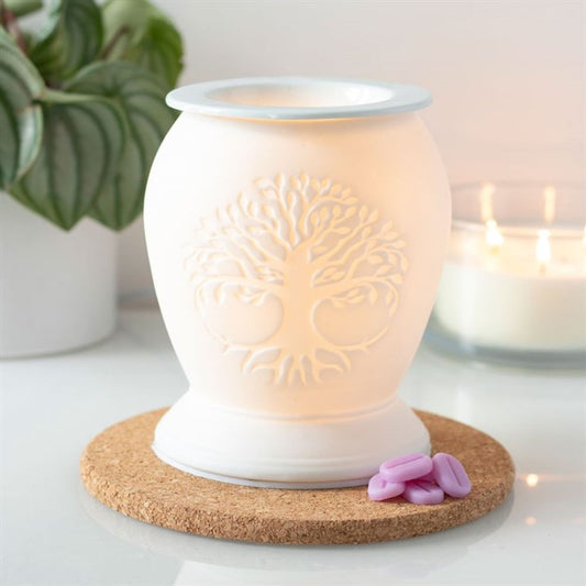 Ceramic Electric Essential Oil Burner - White Glaze With Tree of Life Motif