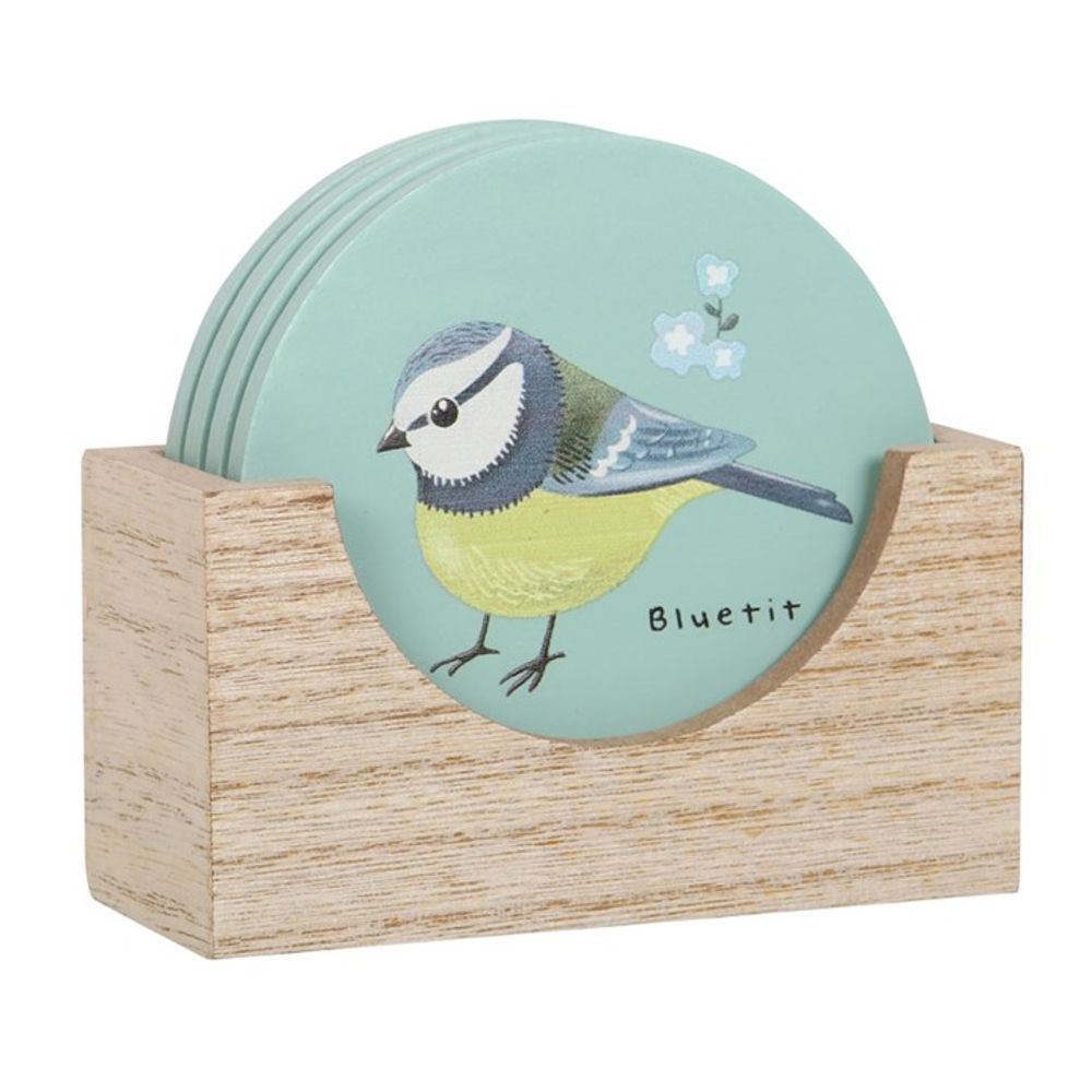 Wooden Coaster Set Featuring British Garden Birds Illustrations