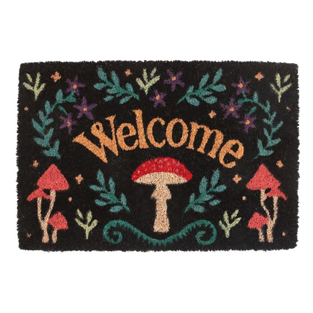 Welcome Doormat - Black With Mushroom and Plants Illustration