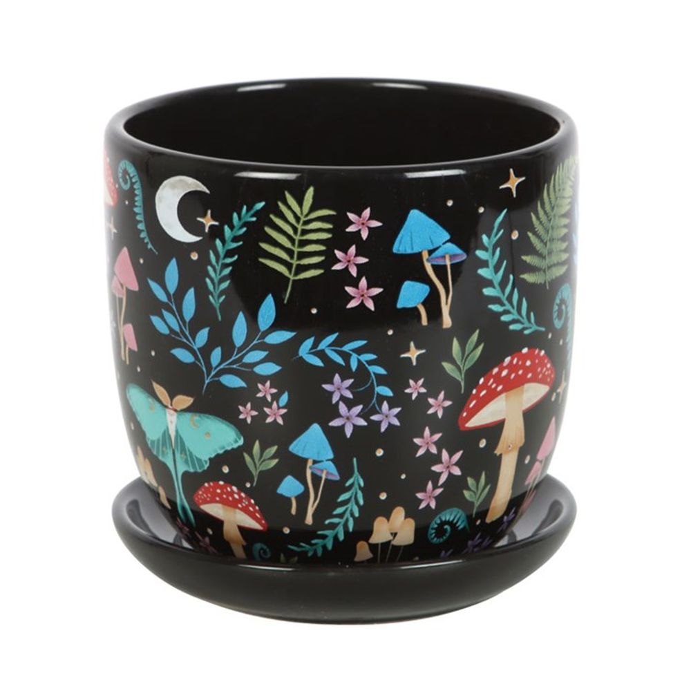 Ceramic Plant Pot with Saucer - Night Forrest Scene