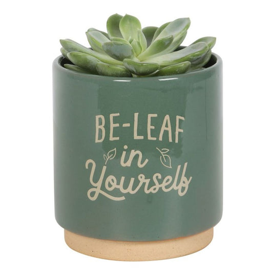 Green Glazed Ceramic Plant Pot Gift - Be-Leaf in Yourself