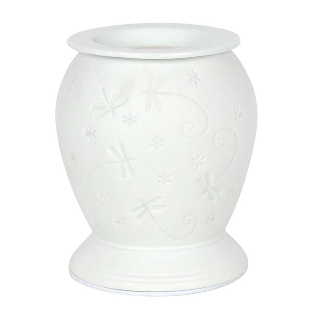 Ceramic Electric Essential Oil Burner - White Glaze with Dragonfly Motif