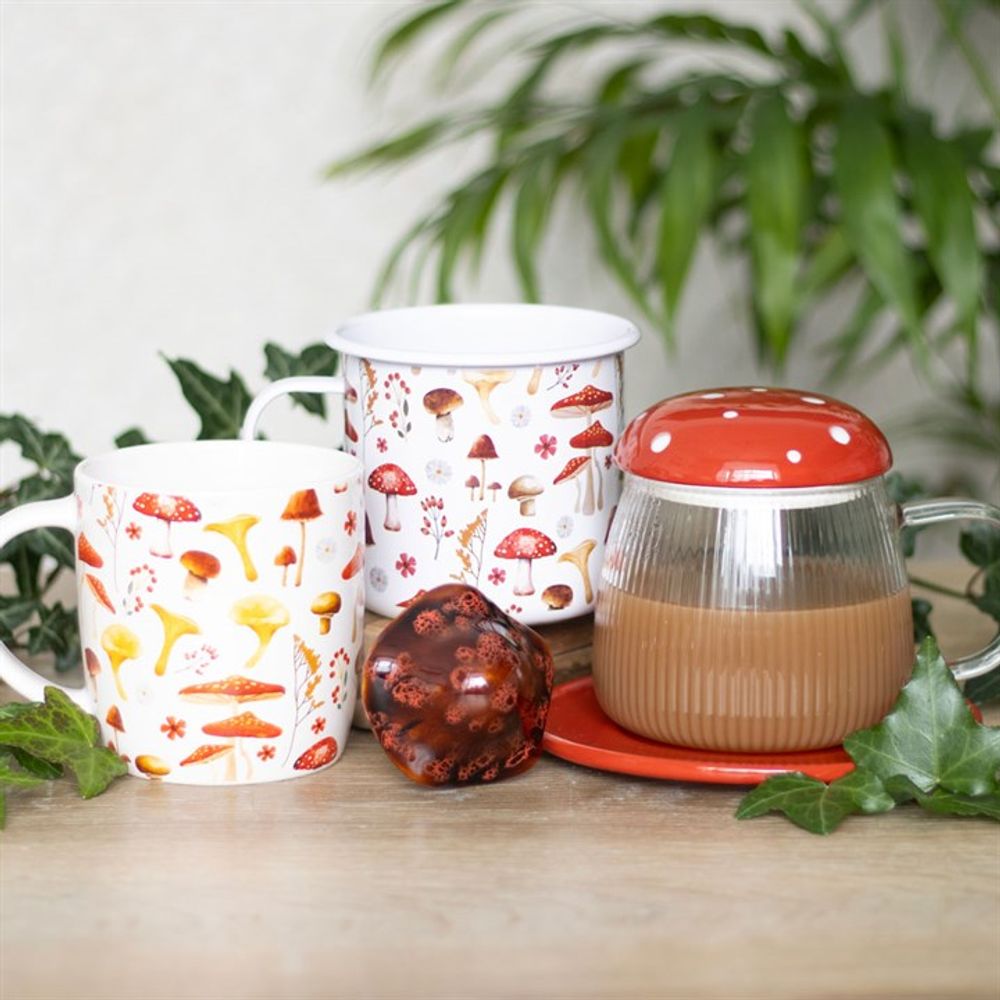 Mushroom Print Enamel Mug Featuring Hand-Drawn Illustrations