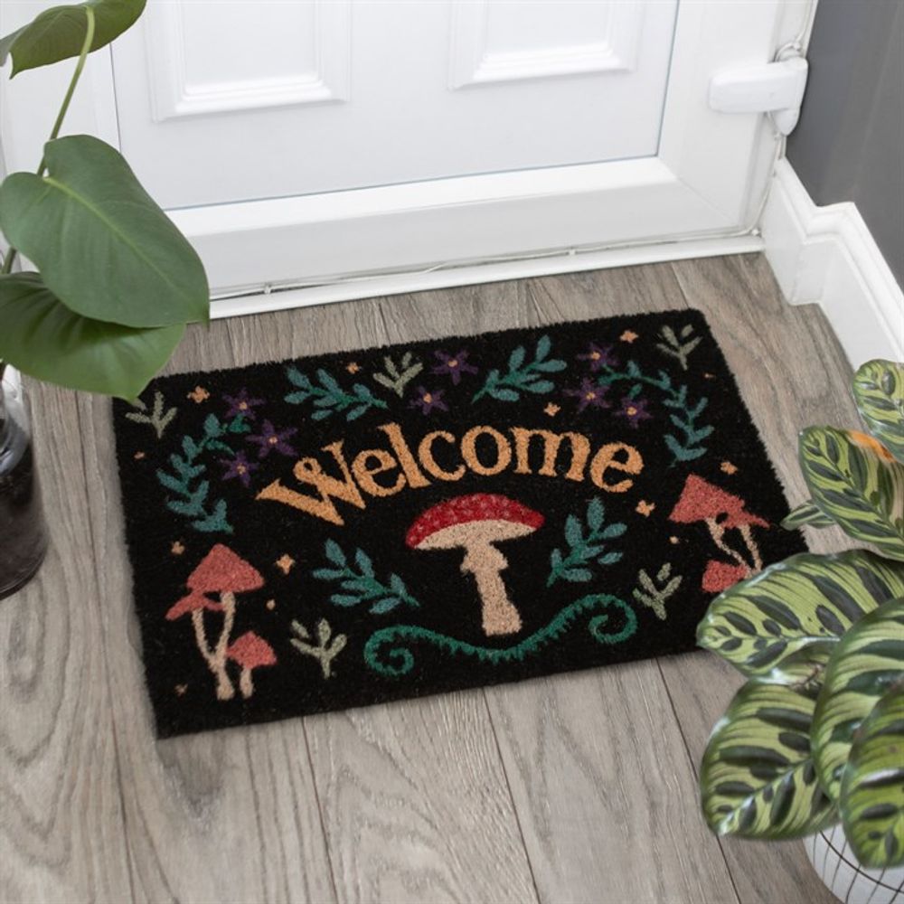 Welcome Doormat - Black With Mushroom and Plants Illustration