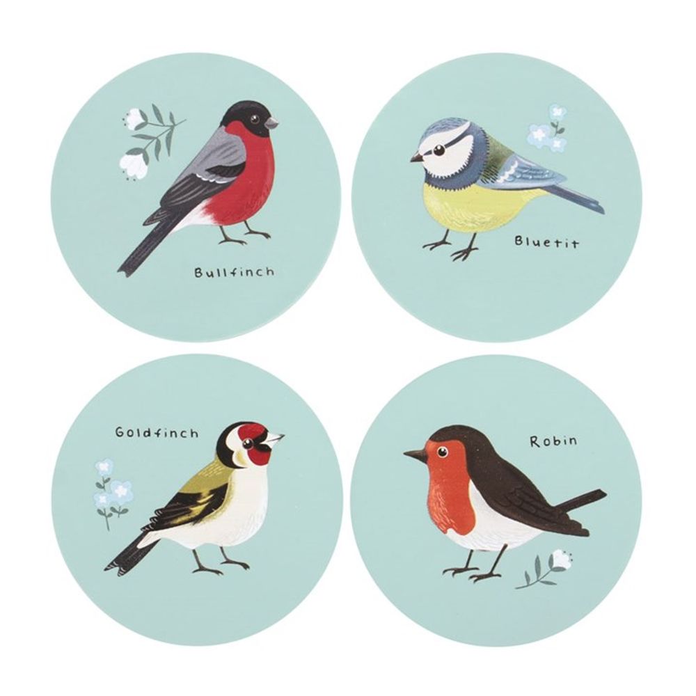 Wooden Coaster Set Featuring British Garden Birds Illustrations