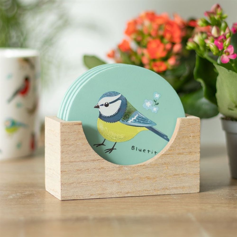 Wooden Coaster Set Featuring British Garden Birds Illustrations