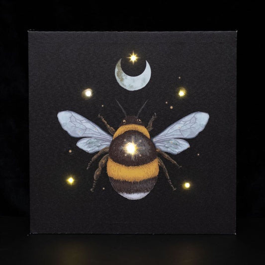 Honey Bee and Moon Light Up Canvas Plaque - Battery Powered