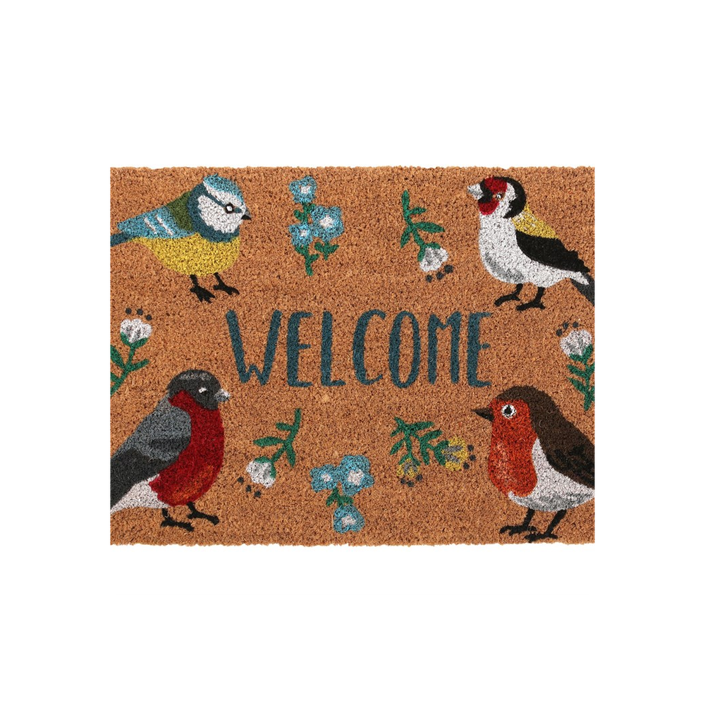 Coir Natural Welcome Doormat - British Garden Birds Illustrations