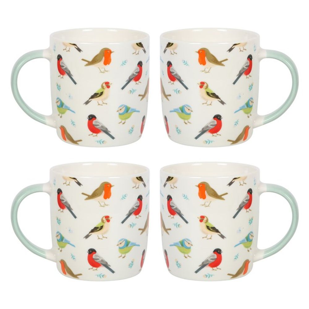 Illustrated English Garden Birds Set of 4 Ceramic Mugs