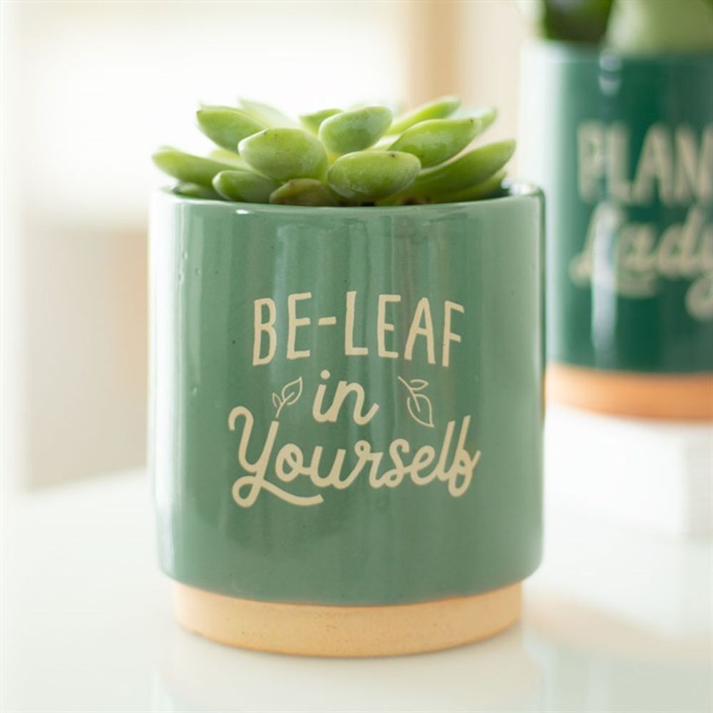 Green Glazed Ceramic Plant Pot Gift - Be-Leaf in Yourself