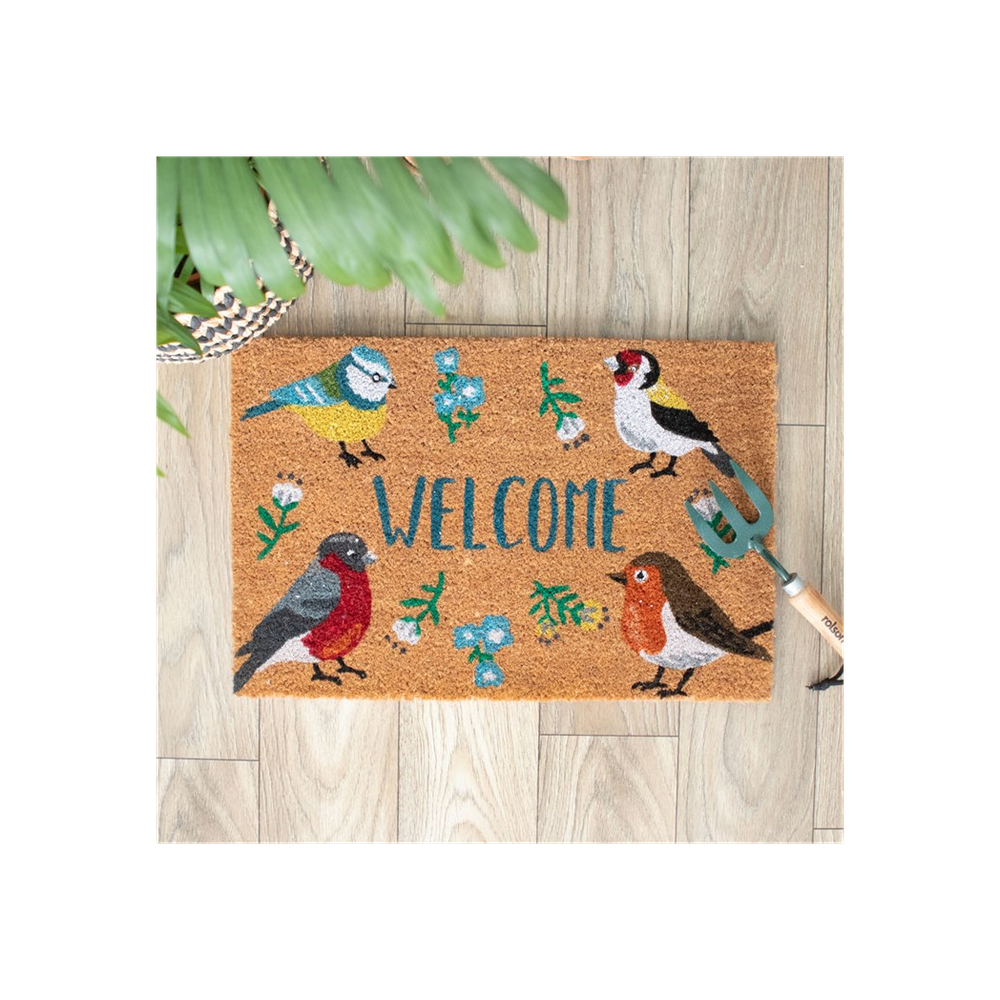 Coir Natural Welcome Doormat - British Garden Birds Illustrations