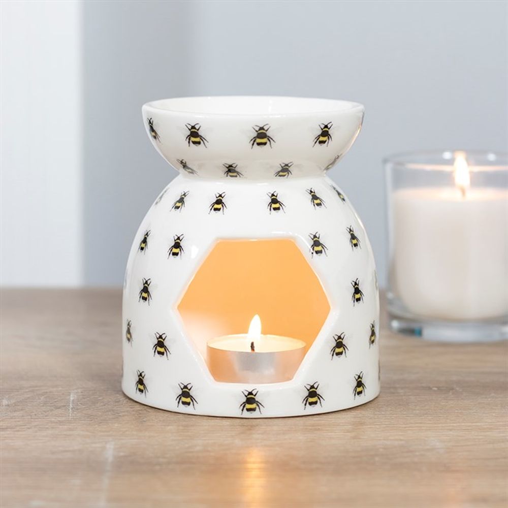 White Tea-Light Essential Oil Burner With Bee Print