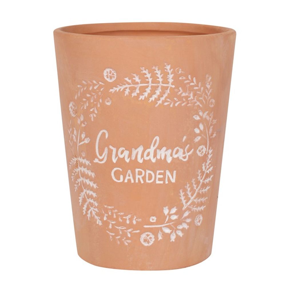 Terracotta Plant Pot - White Glazed Grandma's Garden Inscription