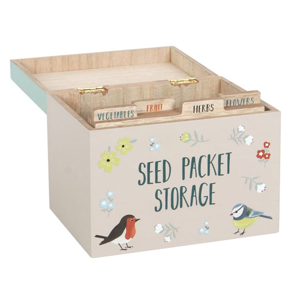 Wooden Seed Packet Storage Box With British Garden Birds Illustrations