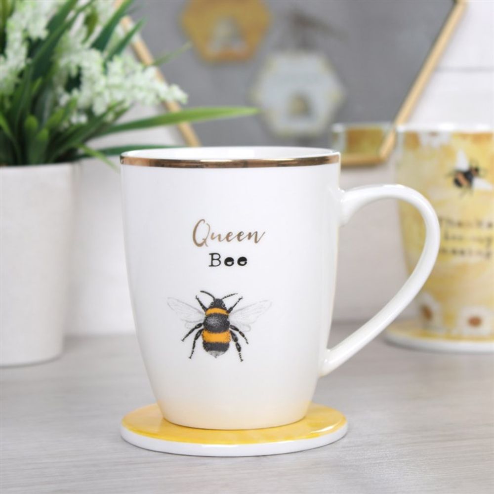 Ceramic Bee Mug and Coaster Gift Set - Queen Bee