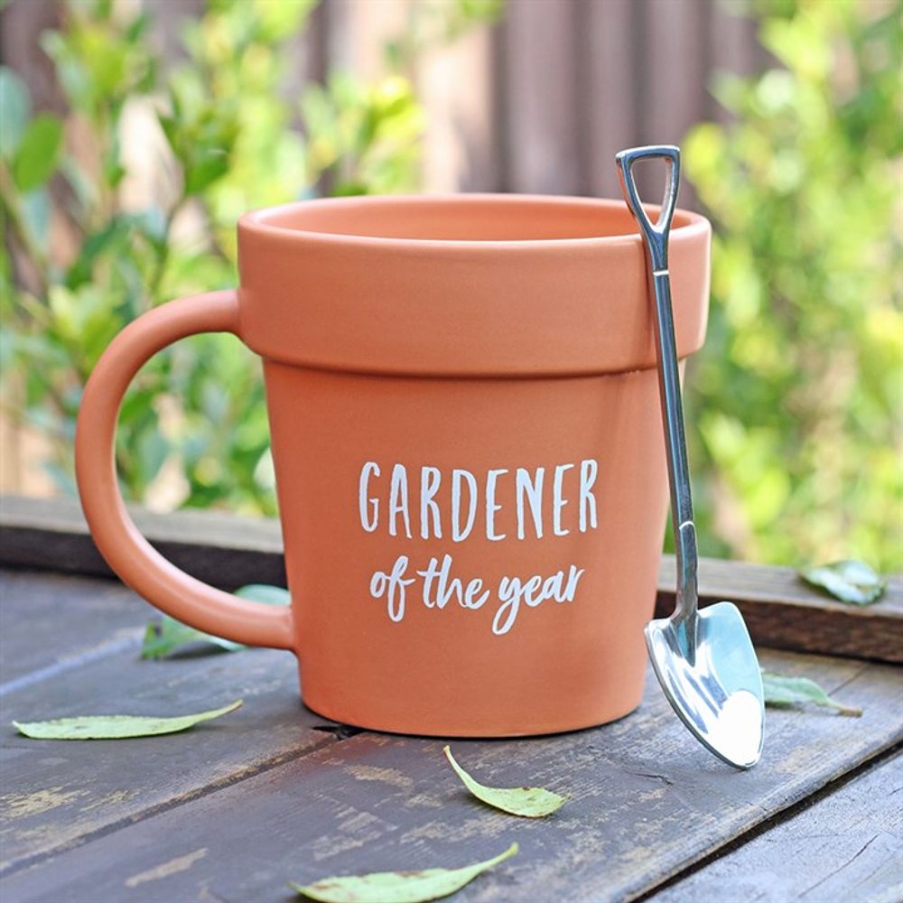 Pot Planter Mug and Shovel Shaped Spoon - Gardener of the Year Inscription