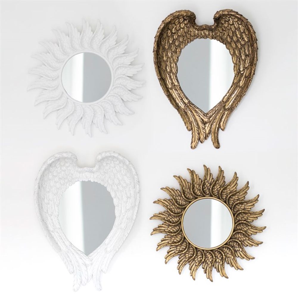 Framed Round Glitter Angel Wing Mirror - White Frame 47cm