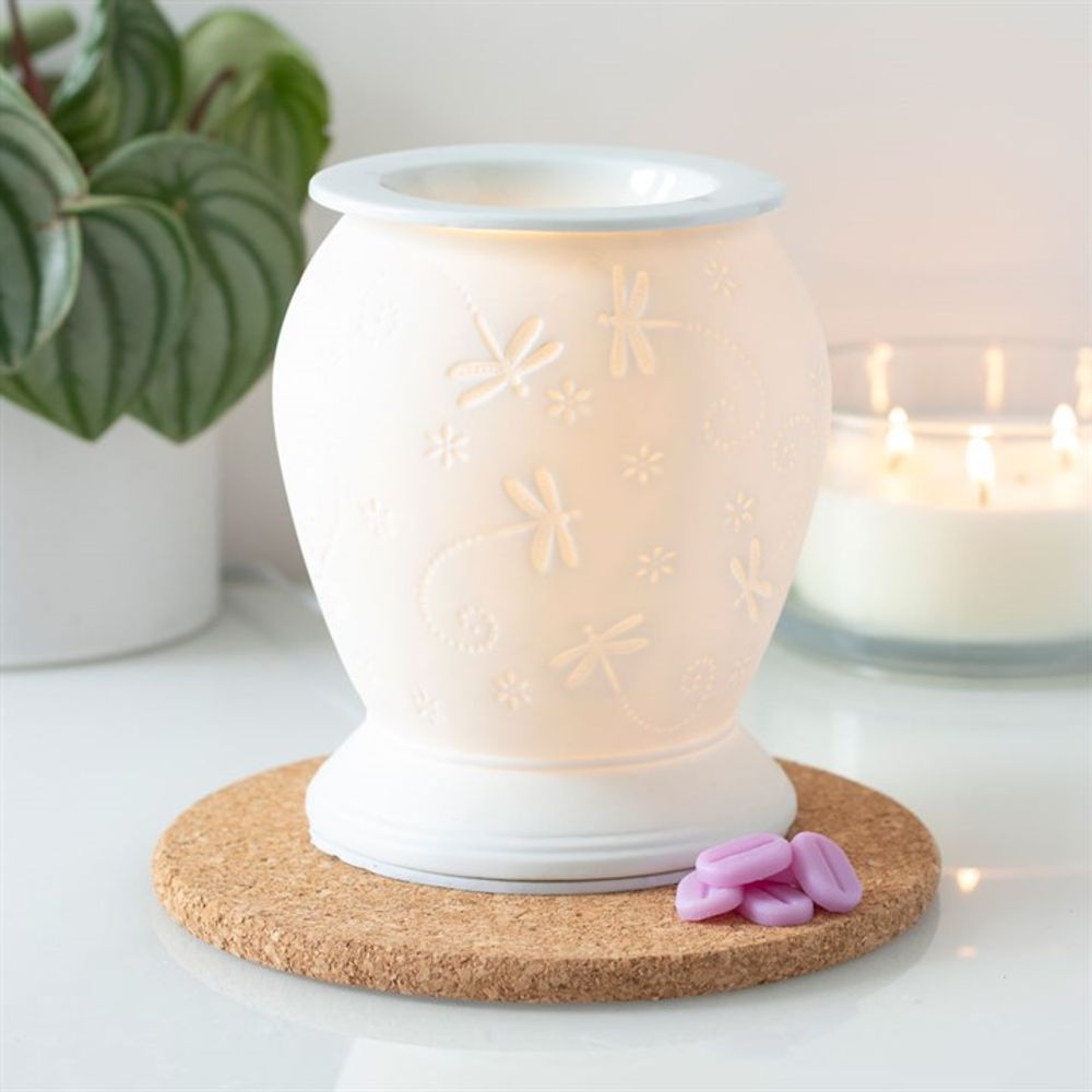 Ceramic Electric Essential Oil Burner - White Glaze with Dragonfly Motif